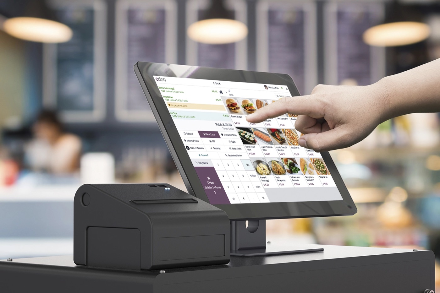 Caisse tactile Hive ERP sur un comptoir avec imprimante ticket